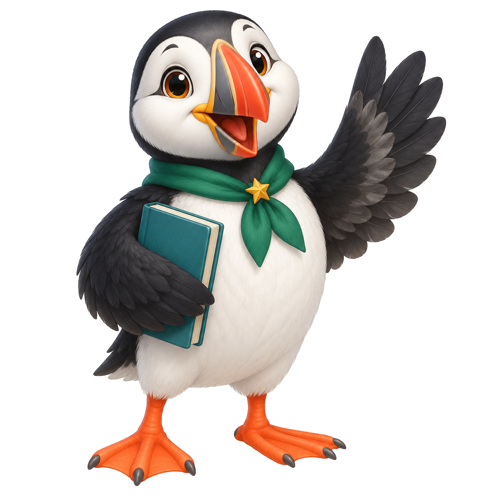 Puffin Guide, the app mascot, waving hello